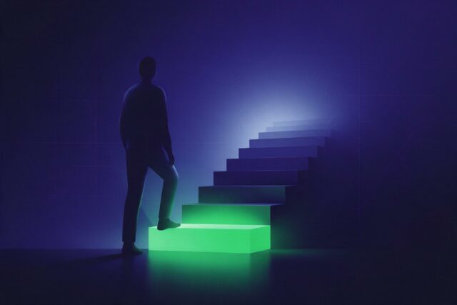 Silueta de un adulto pisando el primer peldaño iluminado en verde de una escalera oscura: empezar a aprender inglés desde cero