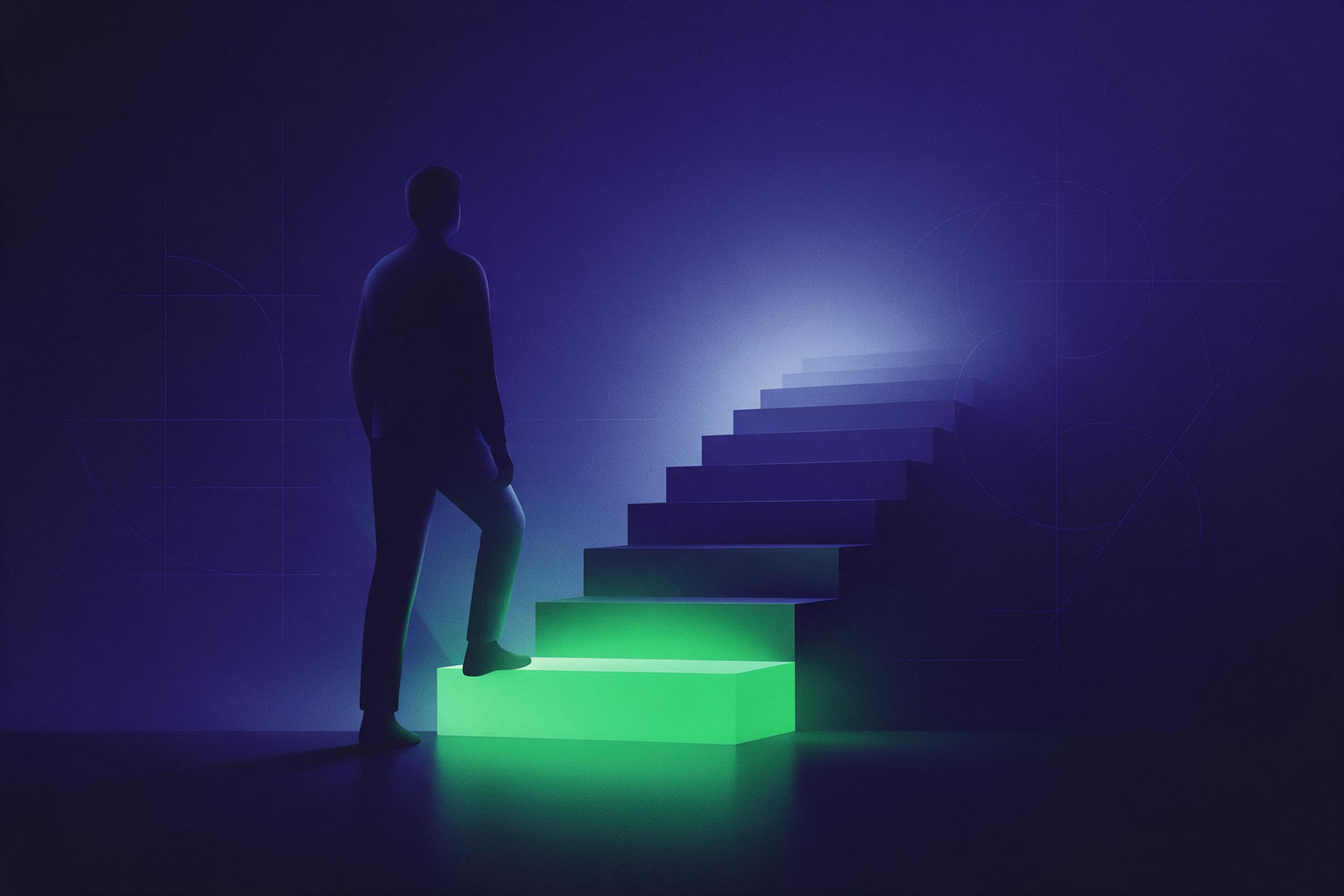 Silueta de un adulto pisando el primer peldaño iluminado en verde de una escalera oscura: empezar a aprender inglés desde cero