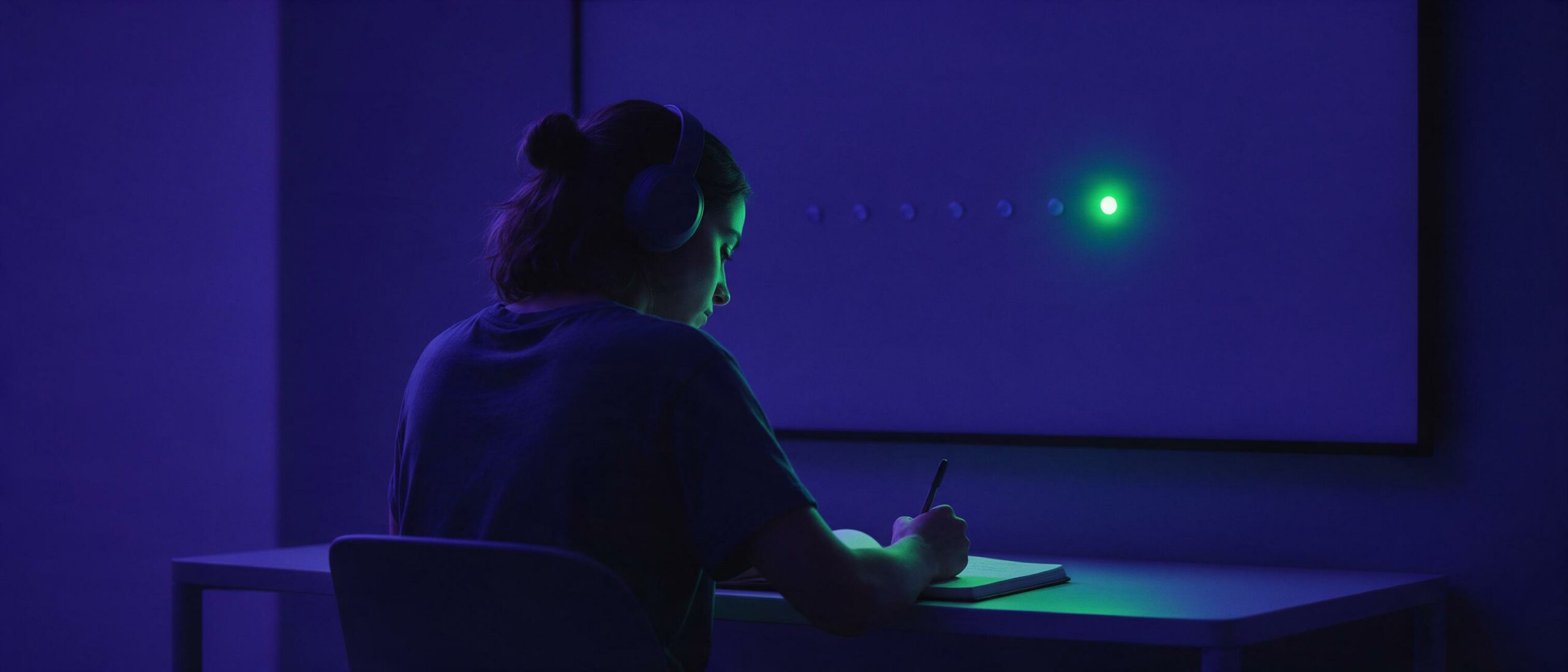 Mujer joven con auriculares escribiendo de noche frente a un panel índigo con siete indicadores, el séptimo encendido en verde iluminándole el rostro: aprender inglés paso a paso