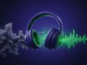 Auriculares índigo que convierten ondas caóticas grises en barras de ecualizador verdes y nítidas: entrenar el listening en inglés
