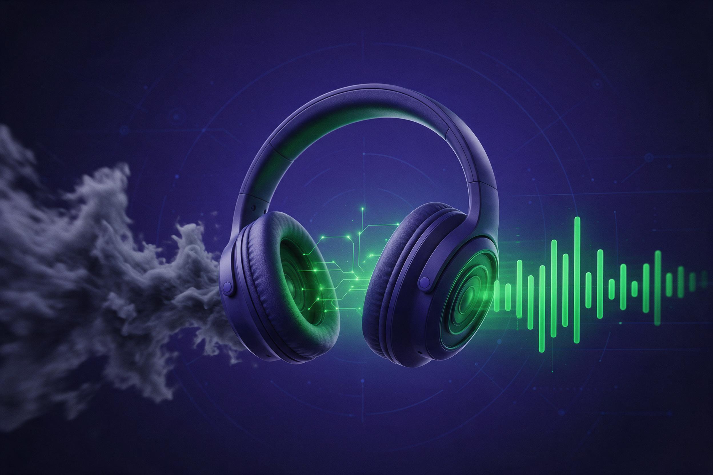 Auriculares índigo que convierten ondas caóticas grises en barras de ecualizador verdes y nítidas: entrenar el listening en inglés