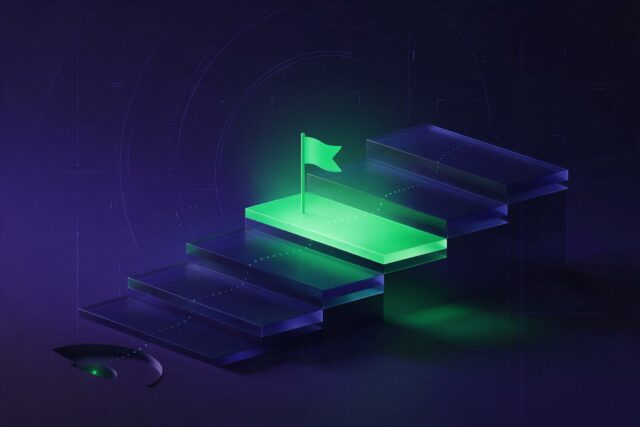 Seis plataformas ascendentes con la cuarta iluminada en verde y una bandera: los niveles de inglés del MCER con el B2 como meta