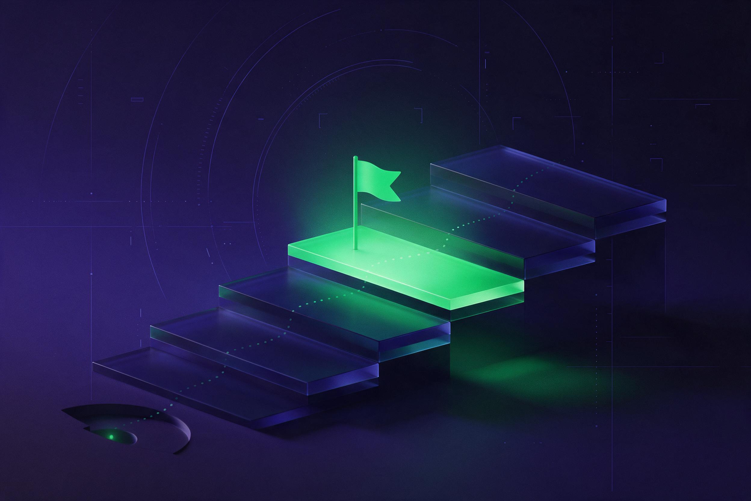 Seis plataformas ascendentes con la cuarta iluminada en verde y una bandera: los niveles de inglés del MCER con el B2 como meta