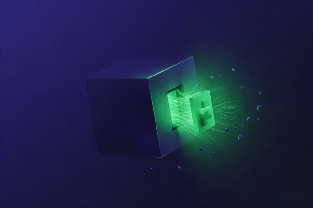 Pequeño módulo verde brillante encajando en un cubo índigo mate: cómo una partícula transforma un phrasal verb