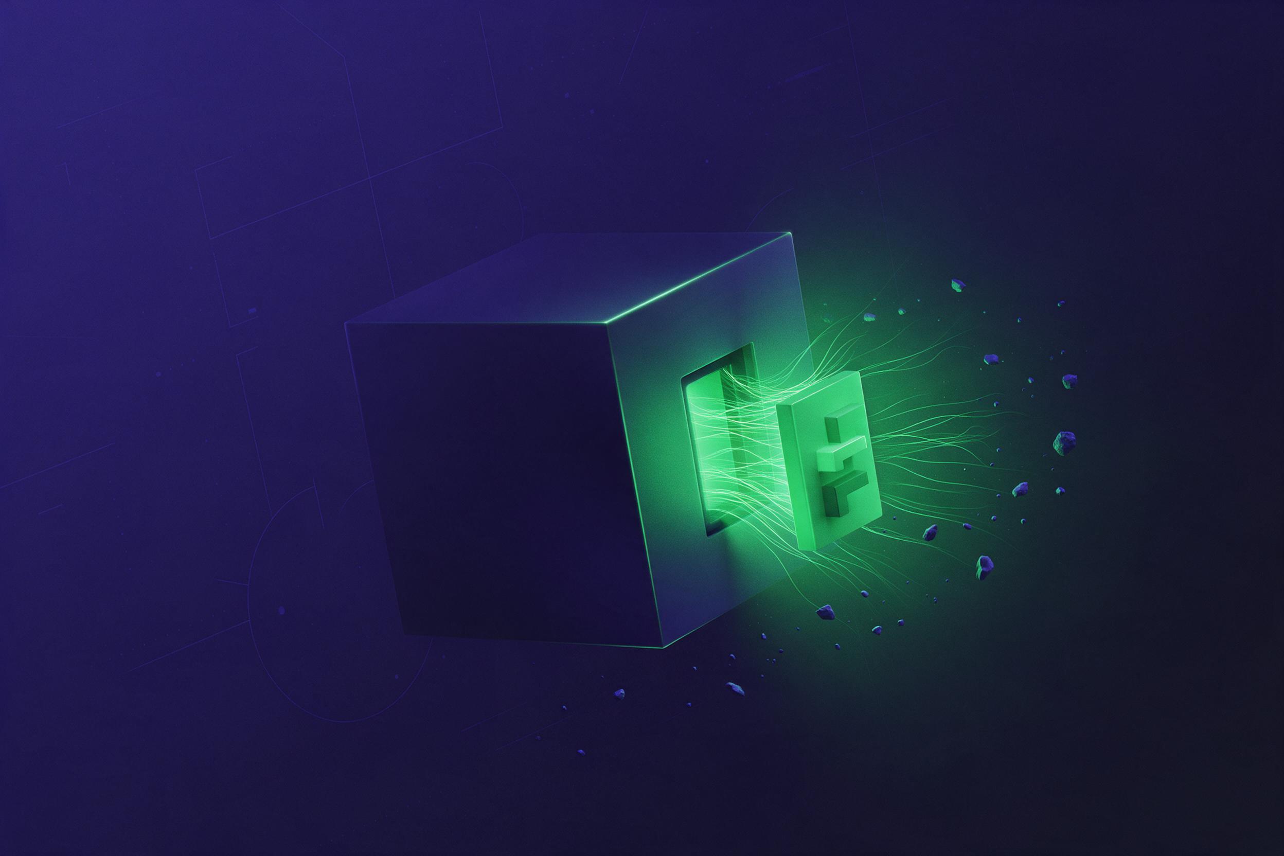 Pequeño módulo verde brillante encajando en un cubo índigo mate: cómo una partícula transforma un phrasal verb