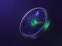 Medidor circular de precisión con aguja luminosa verde sobre fondo índigo: test de nivel de inglés
