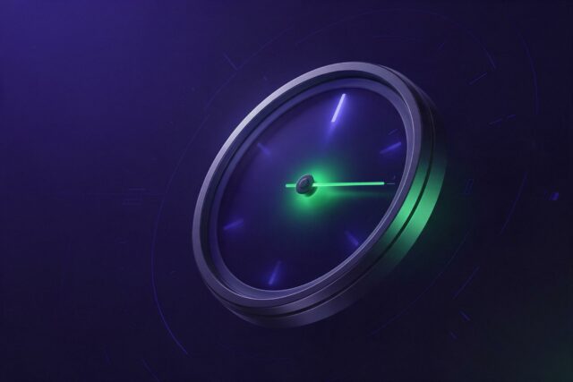 Medidor circular de precisión con aguja luminosa verde sobre fondo índigo: test de nivel de inglés